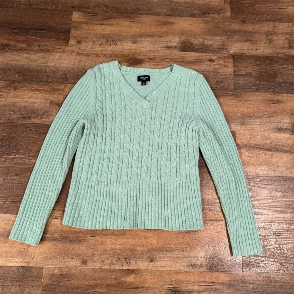 Sonoma Petite V-Neck Cable Knit Sweater Mint Green L Pullover Office Spring EUC